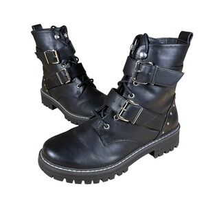 Kohl's Finley Black Faux Leather Studded Buckle Combat Boots Womens Size 7 M